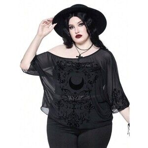 Romwe Romantic Gothic Retro Baroque Vine Moon Pattern Sheer Top Black 2XL NWT